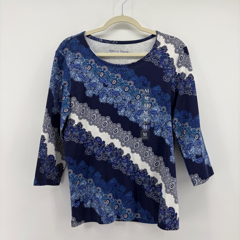 Rebecca Malone Womens M Blue Paisley 3/4 Sleeve Scoop Neck Knit Top Casual Boho